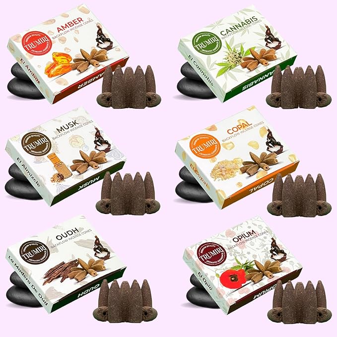 Exotic - Backflow Incense Cones for Waterfall - Scented Inscents-Cones - Copal, Amber, Musk, Oud - Insiensos Aromaticos - 6x10=60 Large Variety Pack TRUMIRI