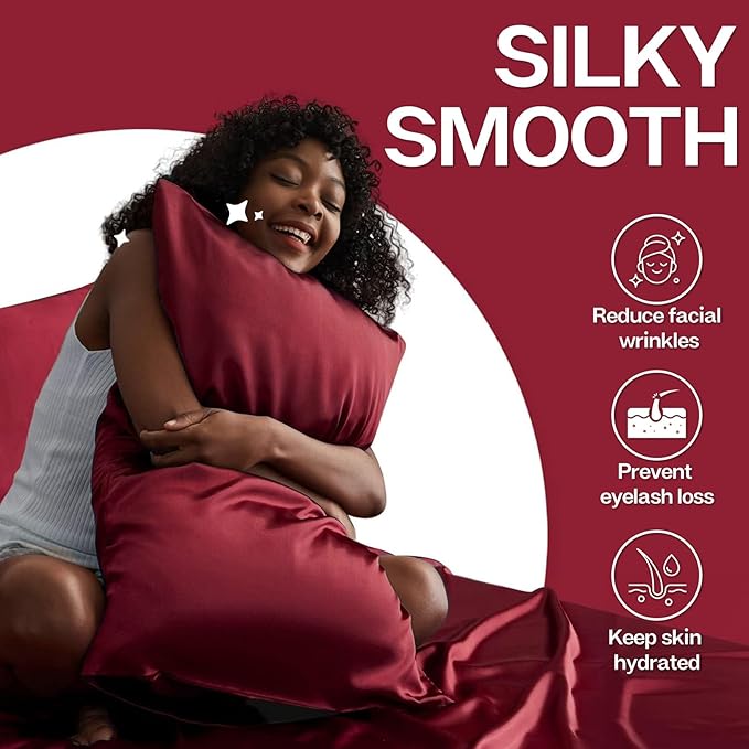 MR&HM Satin Pillowcase for Hair and Skin, Silk Satin Pillowcase 2 Pack, King Size Pillow Cases Set of 2, Silky Pillow Cover with Envelope Closure (20x40, Burgundy) - Bloomnest