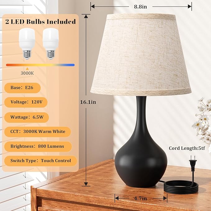 Seealle Touch Table Lamps for Bedroom Set of 2,3-Way Dimmable Small Bedside Lamps for Night Stands with Wires, Black Desk Lamps for Kids Room,Office,Living Room, End Table(LED Bulbs Included) - Bloomnest