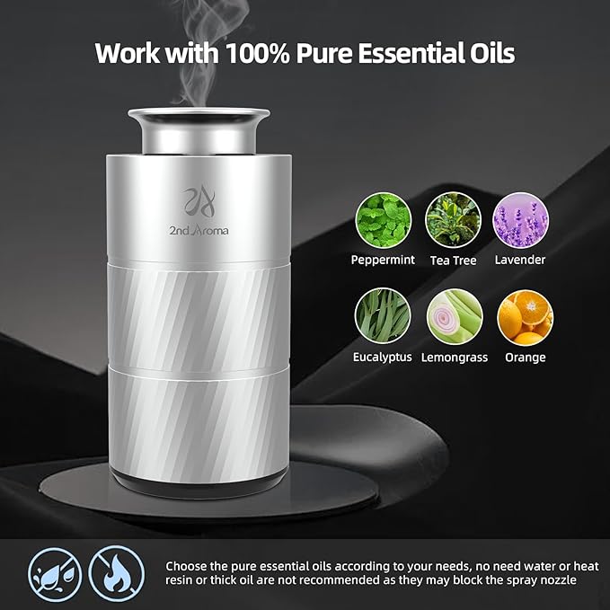 Car Essential Oil Diffuser, Waterless Aluminum Aroma Car Diffuser, 20ml Portable USB Type-C Rechargeable Wireless 1/2/4H Timer Long Lasting Freshener for Traveling Camping Working - Bloomnest