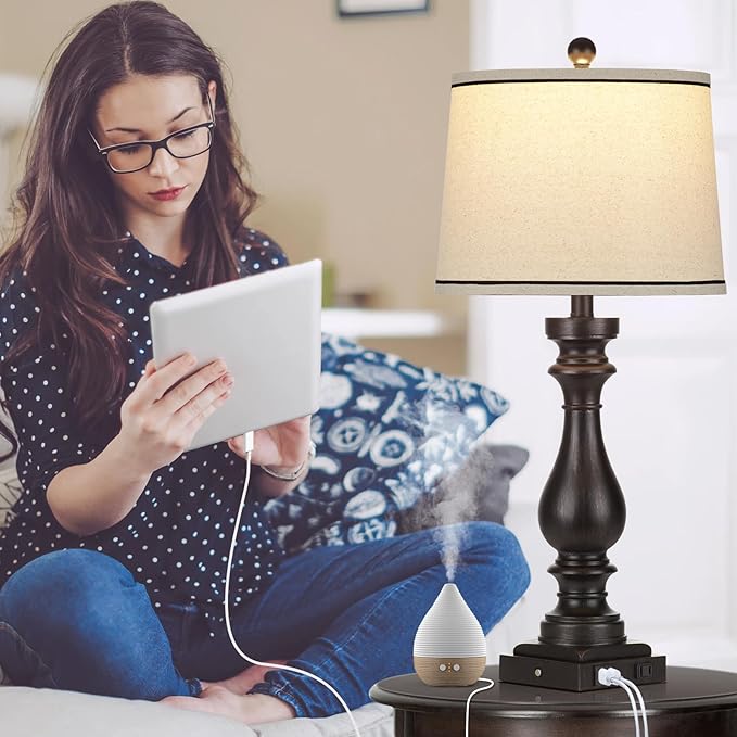 27.5" Farmhouse Table Lamp for Living Room,Vintage Bedside Nightstand Lamp with USB C+A Ports & AC Outlet,3-Way Dimmable Touch Control Retro Black Desk Lamp for Bedroom,Single Black - Bloomnest