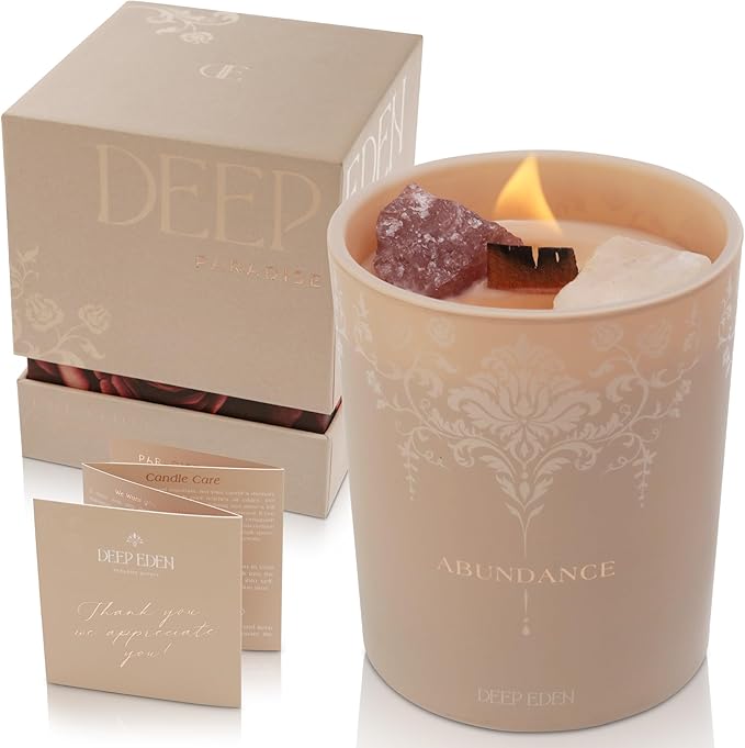 Luxury Crystal Candle for Women - Velvet Rose & Patchouli Scented Aromatherapy Candle - Manifestation Candle with Strawberry and Clear Quartz Crystals -7.4oz Natural Coconut, Soy Wax Wood Wick Candles - Bloomnest