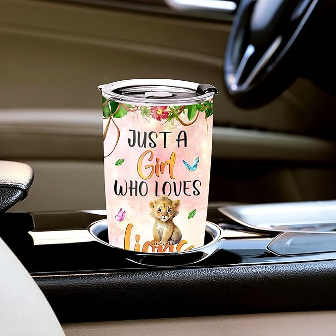 WAZONE Personalized Lion Tumbler Customized Name Just A Girl Who Loves Lions Flowers Cute Animal Print Travel Mug 20 30 oz Vacuum Insulated Stainless Steel Coffee Cup With Lid Gift For Women - Bloomnest