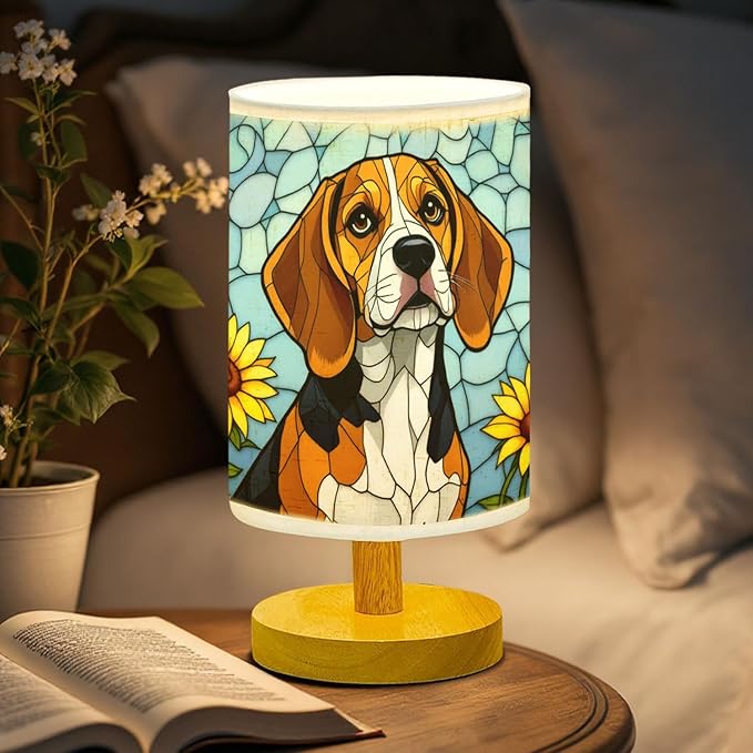 Beagle Table Lamp LED 3-Color Pressed Bedside, Dog Shade Lamp with Wood Base for Bedroom Living Room Desk Office - Bloomnest