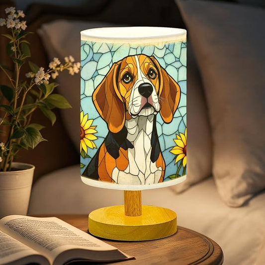 Beagle Table Lamp LED 3-Color Pressed Bedside, Dog Shade Lamp with Wood Base for Bedroom Living Room Desk Office - Bloomnest