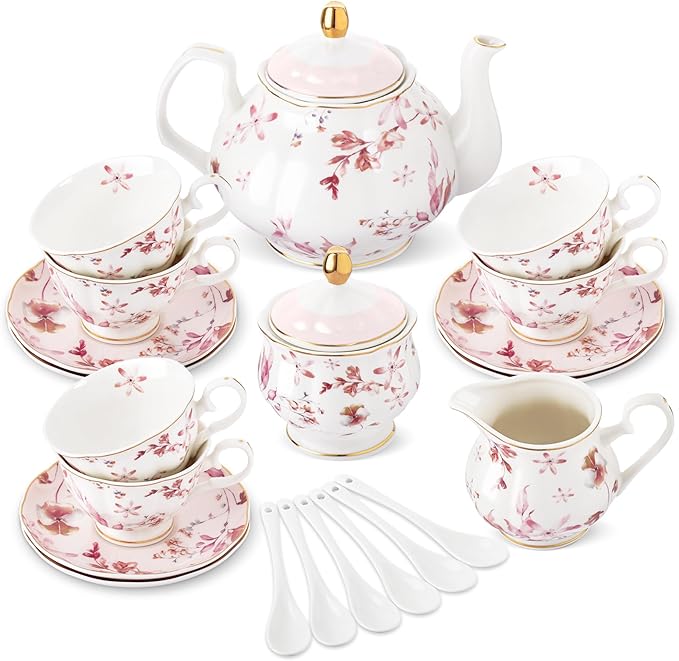 fanquare 21 Pieces British Porcelain Tea Set with Gold Trim, Pink Autumn Leaves Floral Tea Sets for Women Tea Party, 6 Teacup and Saucers for Coffee Home Wedding - Bloomnest