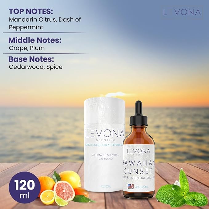 Levona Scent Essential Oils - Scents for Home, Hotel & Office Use - Perfect for Home Diffuser & Humidifiers - Aroma Fragrance Oil, Ideal for Massage, Relaxation, and Spa - Hawaiian Sunset, 120ml - Bloomnest