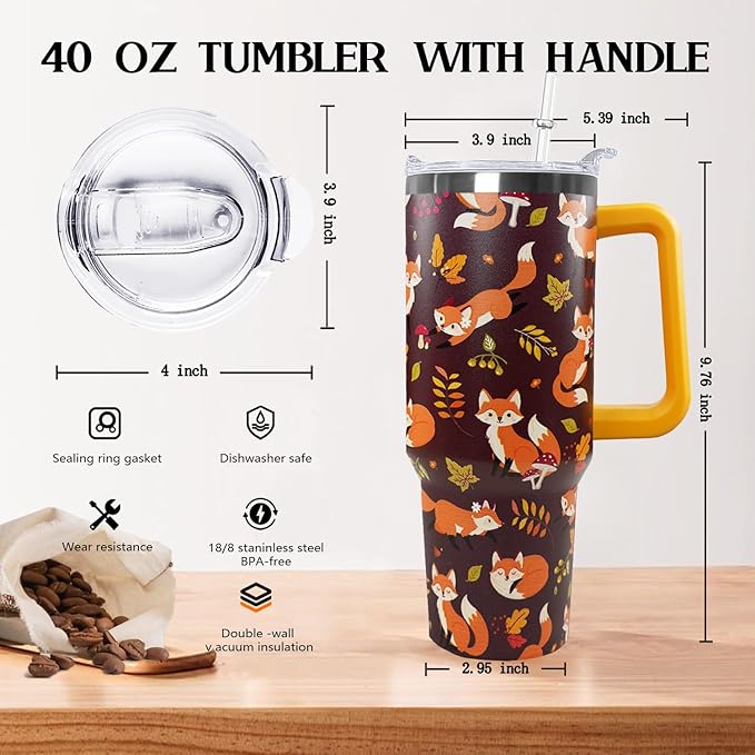Ceovfoi 40 oz Fall Fox Tumbler With Lid and Straw, Travel Mug Cup Water Bottle, Gifts for Fox Lovers, Decor Accessories - Bloomnest