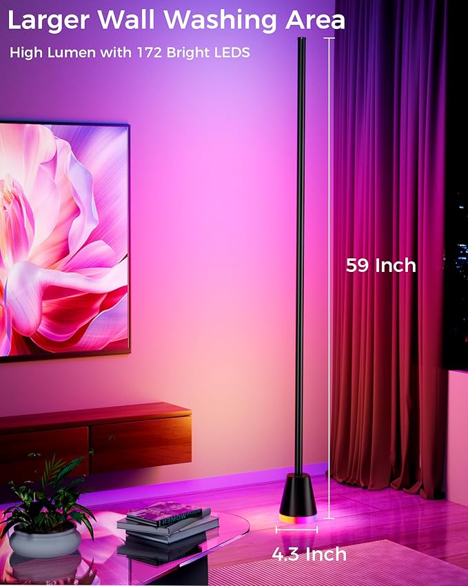 Smart RGB Corner Floor Lamp, 60 Inch 172 LEDs Bright Standing Lamps for Bedroom with APP and Remote, Modern Floor Lamp with Music Sync and 16 Million Colors Changing Ambient Lighting for Living Room - Bloomnest