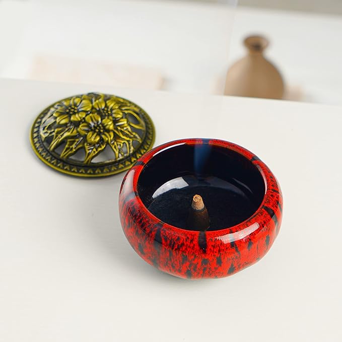 Incense Burner with Calabash Incense Stick Holder - Porcelain Charcoal Censer for Use with Resin Granular Powder Cone or Coil Incense (Kiln-Colored Red) - Bloomnest