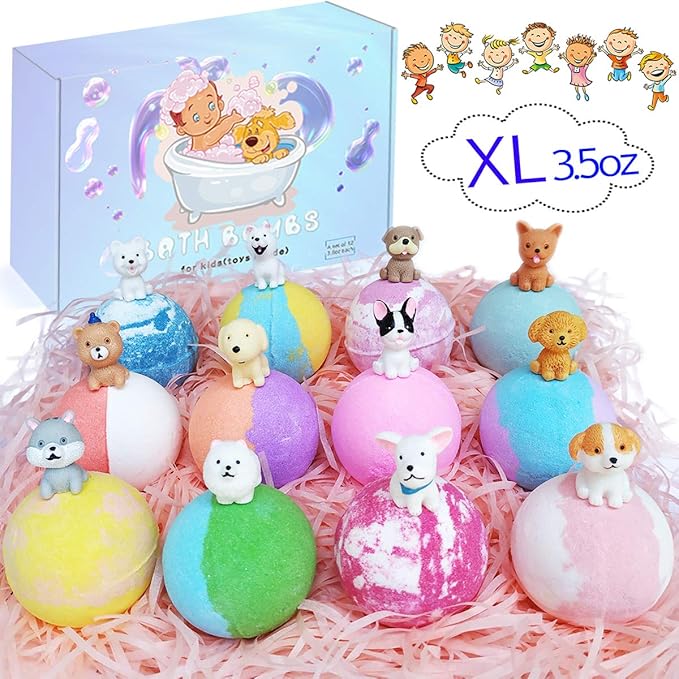 3.5 oz XL Bath Bombs for Kids with Puppy Toys Inside Kids Bath Bombs Organic Bubble Bath Fizzies Colorful Bomb 12 Pcs Set Birthday/Christmas Surprise Gift for Girls & Boys - Bloomnest