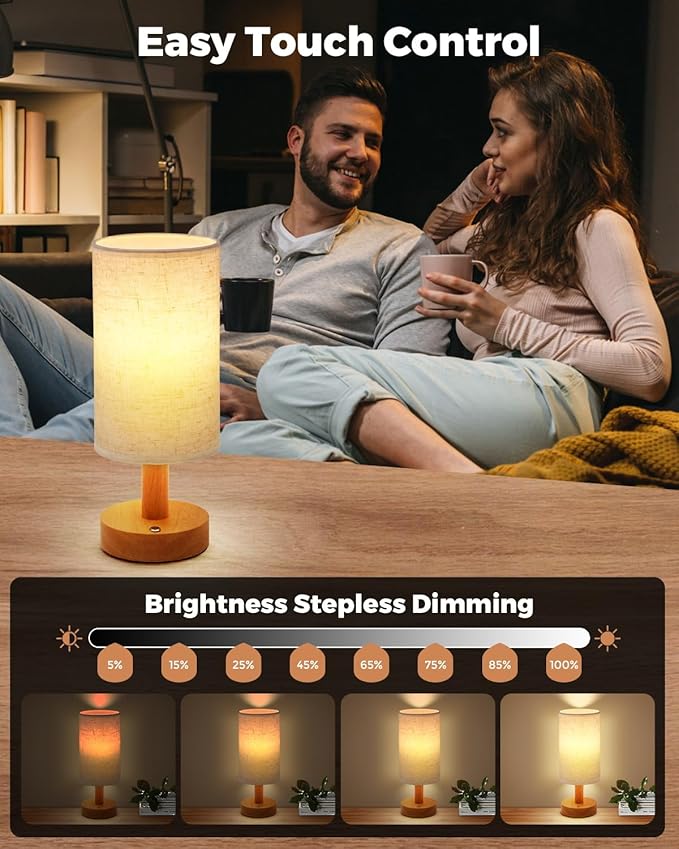 Cordless Table Lamp, 2200mAh Battery Operated Desk Lamp, Touch Bedside Lamps for Night Stands, Warm Light Mini Boho Lamp, Wood Base Round Flaxen Fabric Shade for Living Room,LED Bulb Included (Beige) - Bloomnest