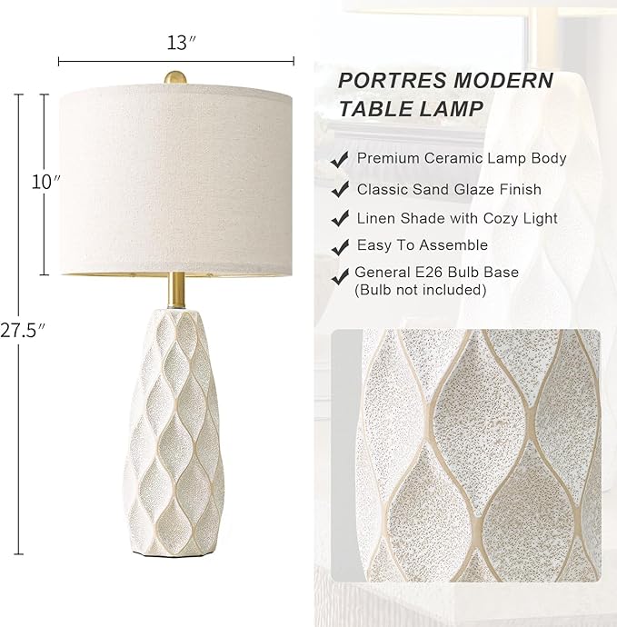 27.5" Ceramic Table Lamps for Living Room Bedroom Lamps Set of 2 Modern Boho Bedside Lamps Night Stands Farmhouse Vintage Large Nightstand Lamp Reading Light Home Office Dorm Desk Deco Gifts, White - Bloomnest