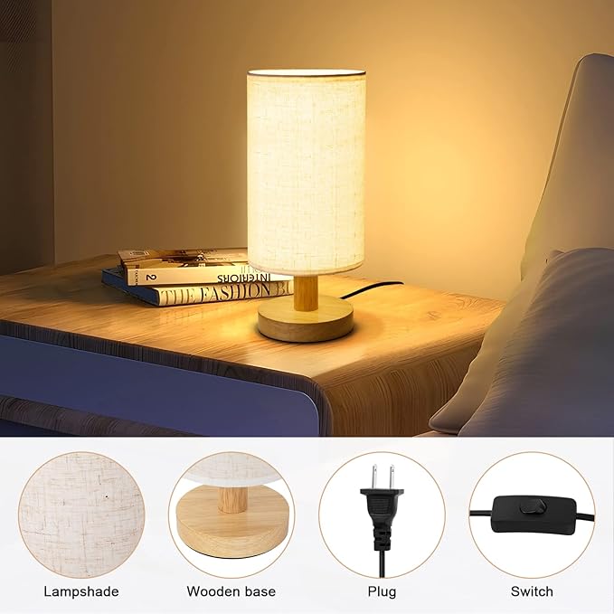 Small Bedside Table Lamp for Bedroom, Minimalist Wood Base & Round Fabric Shade, Mini Cute Cozy Warm White Nightstand Boho Lamp, Study Desk Night Stand Light for Room, Dorm, Nursery, Living Room - Bloomnest