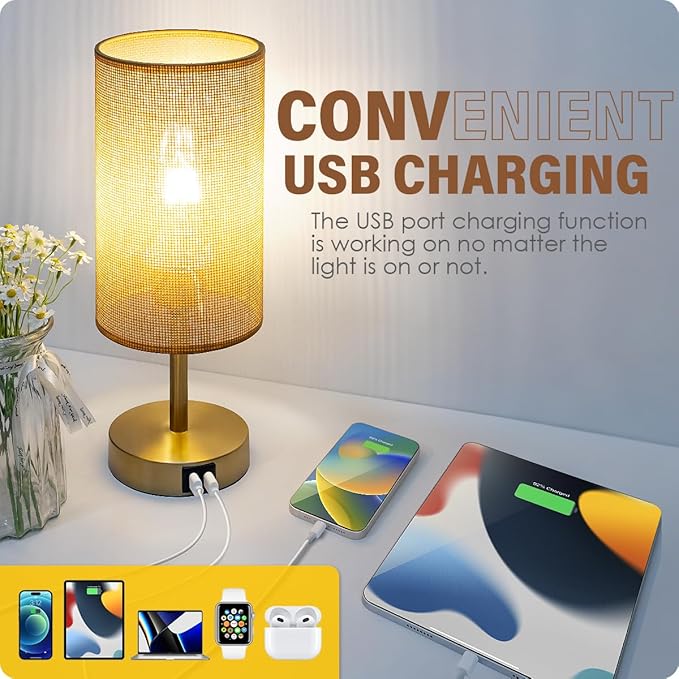 Yarra-Decor Bedside Lamp with USB Port - Touch Control Table Lamp for Bedroom Wood 3 Way Dimmable Nightstand Lamp with Round Flaxen Fabric Shade for Home Office (LED Bulb Included) (Y - NET) - Bloomnest
