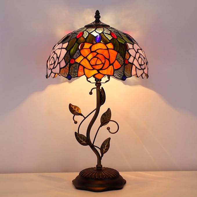 Tiffany Lamp Orange Red Rose Flower Stained Glass Table Lamp Desk Bedside Reading Light 12X12X19 Inches with Metal Leaf Base Decor Bedroom Living Room - Bloomnest