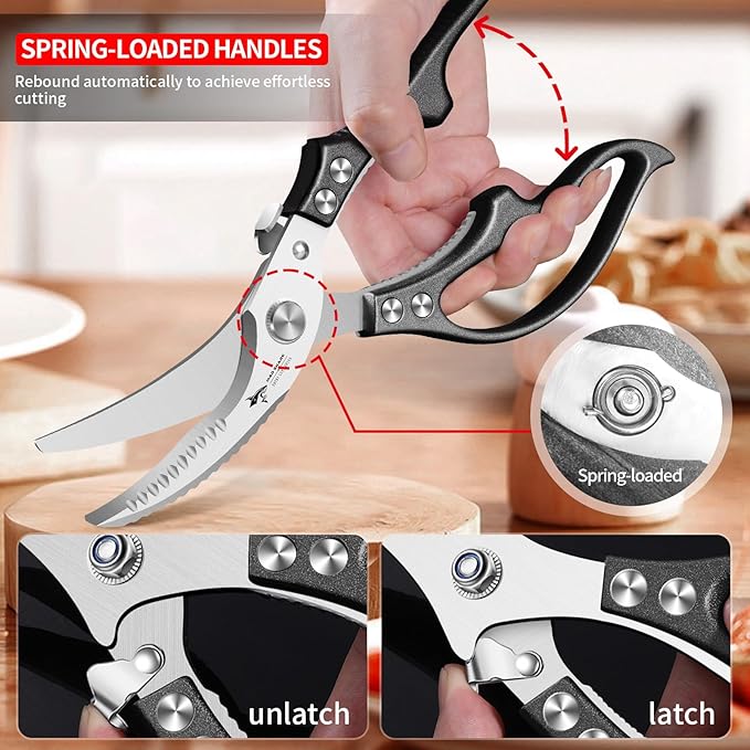 MAD SHARK Professional Heavy Duty Poultry Shears - Kitchen Shears for Spatchcocking Chicken and Meat Cutting, Multi-Purpose Kitchen Scissors for Food, Spring-loaded (Black) - Bloomnest