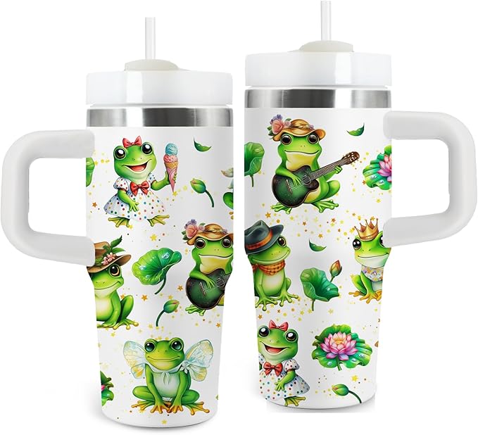 Frog Tumbler Gifts, 14 oz Frog Themed Tumbler with Handle and Straw, Stainless Steel Double Wall Vacuum Insulated Cup Keep Hot Cold - 14oz Travel Mug with Lid Tumblers for Home Work Outdoor Use - Bloomnest