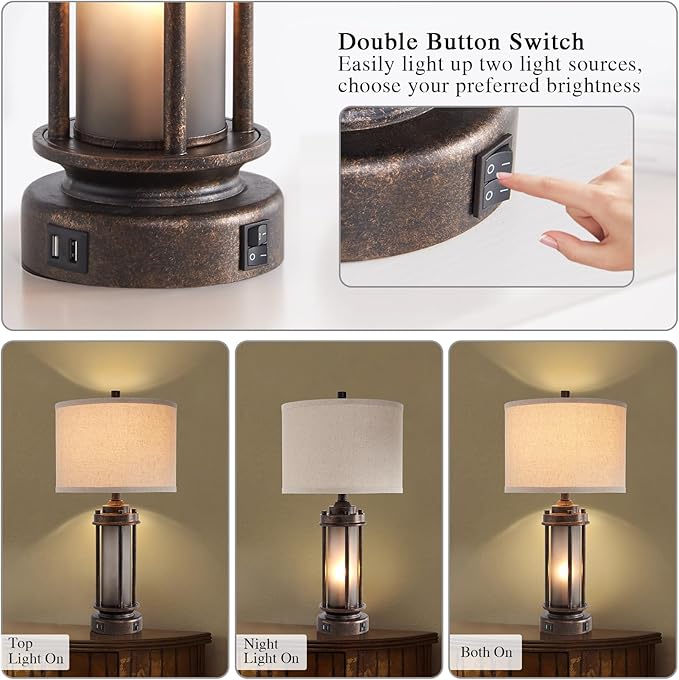 25'' Farmhouse Table Lamp with 2 USB Charging Ports, Rustic Vintage Nightstand Lamp with Frosted Glass Nightlight, Retro Desk Lamp for Living Room Bedroom End Table Entryway, 2 Bulbs Included - Bloomnest