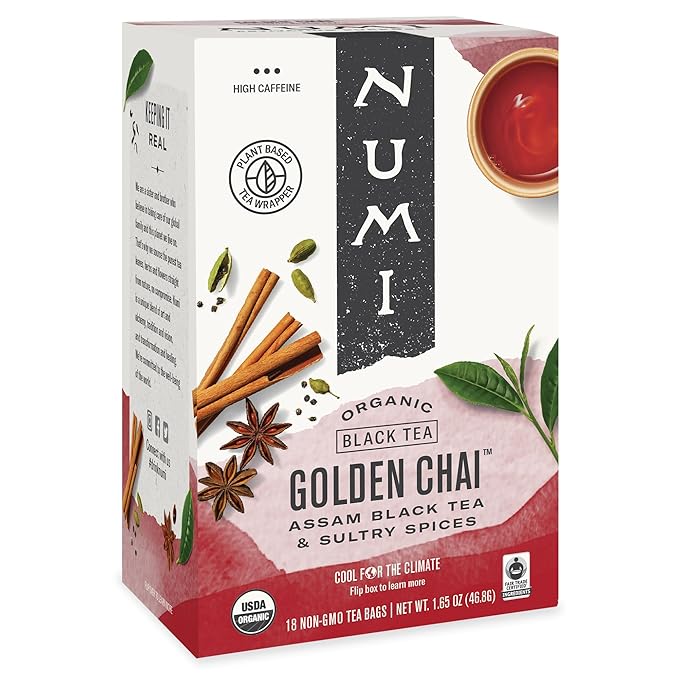 Numi Organic Golden Chai Tea, 18 Tea Bags, Assam Black Tea, Cardamom, Ginger & Anise - Bloomnest