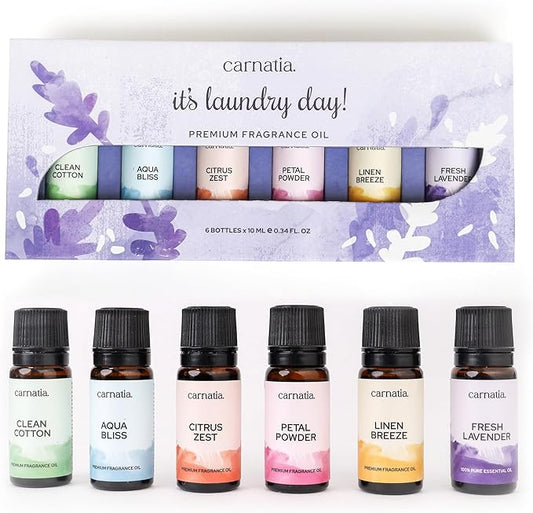 Carnatia Laundry Day Fragrance Oil Set – 6 Fresh & Clean Scents for Laundry, Linens & Home | Aromatherapy Oils for Dryer Balls, Diffusers & Room Freshening - Bloomnest