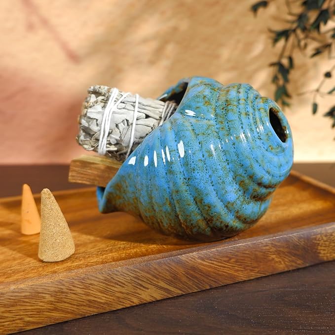 Blue Conch Chiminea Palo Santo Burner - Ceramic Smudging Bowl、Incense Chimney,Works with Sage、Incense Cones,Energy Cleansing-Thoughtful Gifts for Meditation, Altar,Spa,Yoga, Aromatherapy - Bloomnest