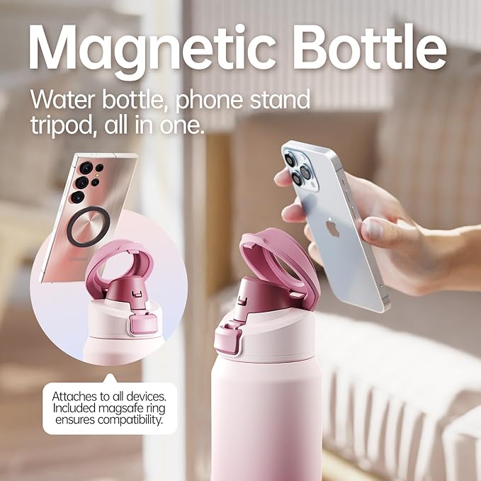 Insulated Magnetic Water Bottle - Reusable Stainless Steel Bottle with MagSafe Compatible Phone Holder - Perfect for Gym, Sports, and Travel - Blush Pink 24oz Magcheer