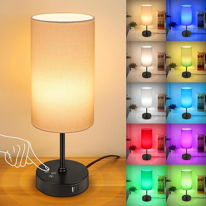 Unicozin Small Table Lamp, 3 CCT 3000K/4500K/6500K & RGB Color Changing, Stepless Dimmable Bedside Lamp for Reading, Touch Control Ambience Nightstand Light for Home Decor Party, Cream Shade - Bloomnest