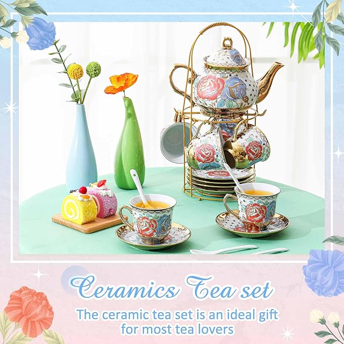 Zhehao 20 Pcs Porcelain Tea Set with Metal Holder and Spoon Adult Ceramic Tea Set European Flower Painting Teapot Cup Saucer Spoon for Women, Large Version(Romantic Style) - Bloomnest