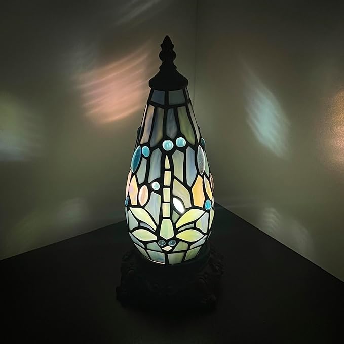 Small Tiffany Lamp Stained Glass Table Lamp 5.5X11 Inch Christmas Tree Lighthouse Mini Accent Memory Sympathy Antique Night Light for Bedroom Living Room (Colorful)