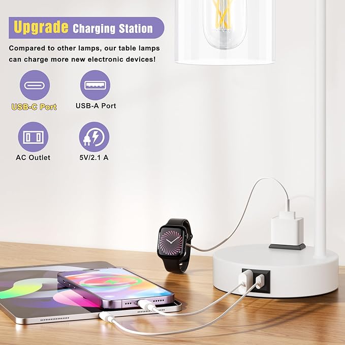 Innqoo Industrial White Table Lamps for Bedrooms Set of 2-3-Way Dimmable Desk Lamp with USB C+A Ports and Outlet, White Lamps with Clear Glass Shade for Living Room - Bloomnest