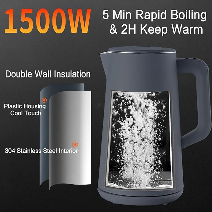 1.5L Electric Kettle Stainless Steel, Double Wall Cool Touch Teapot, Fast Boil,5 Temperature Control, LED Display, Auto Shut-Off, BPA-Free,Keep Warm Function, Ideal for Tea & Coffee,Gray - Bloomnest