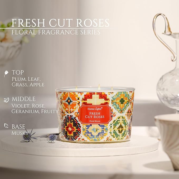 HomeLights 4-Wick Candles for Home Scented - 18oz Soy Wax Blend Candle Long-Lasting Fragrance, Bohemian Natural Textures Home Decor and Housewarming Gifts, Fresh Cut Roses - Bloomnest