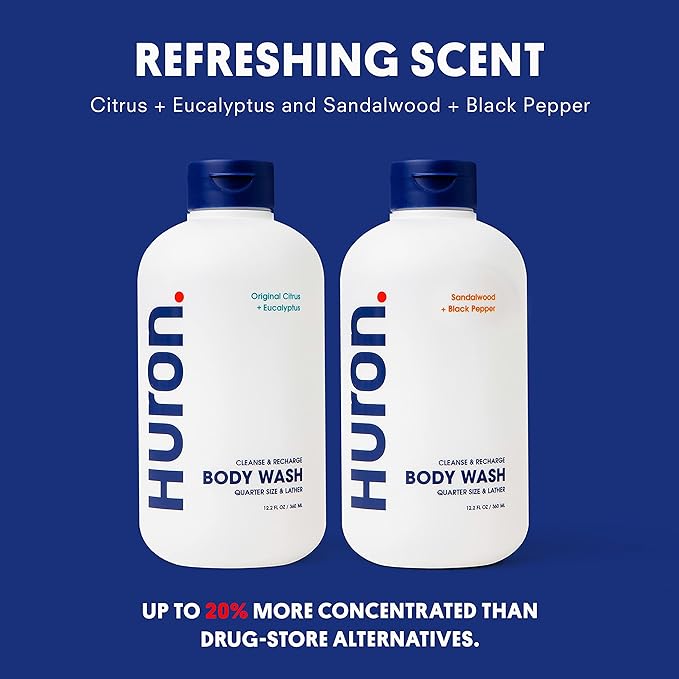 Huron Men’s Moisturizing Body Wash - Clean & Woody Scent of Sandalwood, Black Pepper, Cedarwood, & Amber - Made With Coconut Oil, Vitamin E & Witch Hazel - Vegan, Cruelty-Free - 12.2 fl oz (2 Pack) - Bloomnest