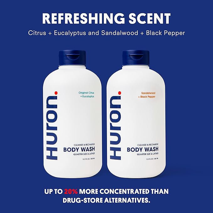 Huron Men’s Moisturizing Body Wash - Clean & Woody Scent of Sandalwood, Black Pepper, Cedarwood, & Amber - Made With Coconut Oil, Vitamin E & Witch Hazel - Vegan, Cruelty-Free - 12.2 fl oz - Bloomnest