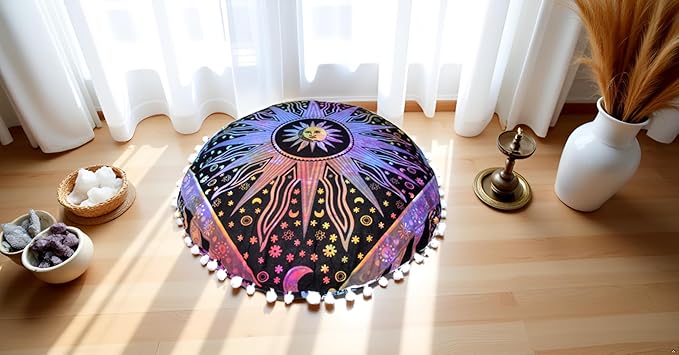 CRAFT KALA Large Round Bohemian Floor Pillow Pouf Cover Mandala Meditation Room Pillow Cover for Adults Boho Seating Poufs Cushion Cover for Kids Playroom 32" Round Multi Purple Burning Sun - Bloomnest