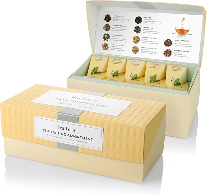 Tea Forté TEA TASTING ASSORTMENT Presentation Box Tea Sampler, Assorted Variety Tea Box, 20 Handcrafted Pyramid Tea Infuser Bags – Black Tea, White Tea, Green Tea, Herbal Tea - Bloomnest
