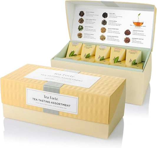 Tea Forté TEA TASTING ASSORTMENT Presentation Box Tea Sampler, Assorted Variety Tea Box, 20 Handcrafted Pyramid Tea Infuser Bags – Black Tea, White Tea, Green Tea, Herbal Tea - Bloomnest