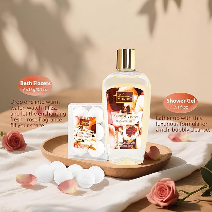 Fresh Rose Spa Gift Set for Women, 8-Piece Relaxing Bath Set with Shower Gel, Bubble Bath, Body Lotion, Self Care Gift for Any Occasion, Birthday Gifts for Women, Spa Kit for Mom Gifts - Bloomnest