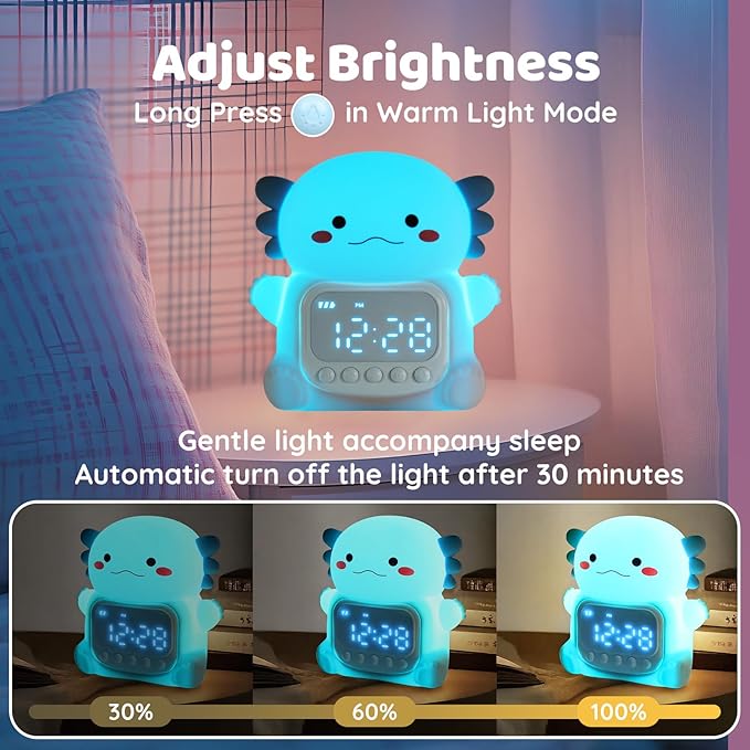 Axolotl Alarm Clock with Night Light for Kids, Rechargeable Silicone Lamp Time to Wake Clock Cute Animal Tabletop Lamp, Perfect Sleep Companion for Boys Girls, Blue - Bloomnest