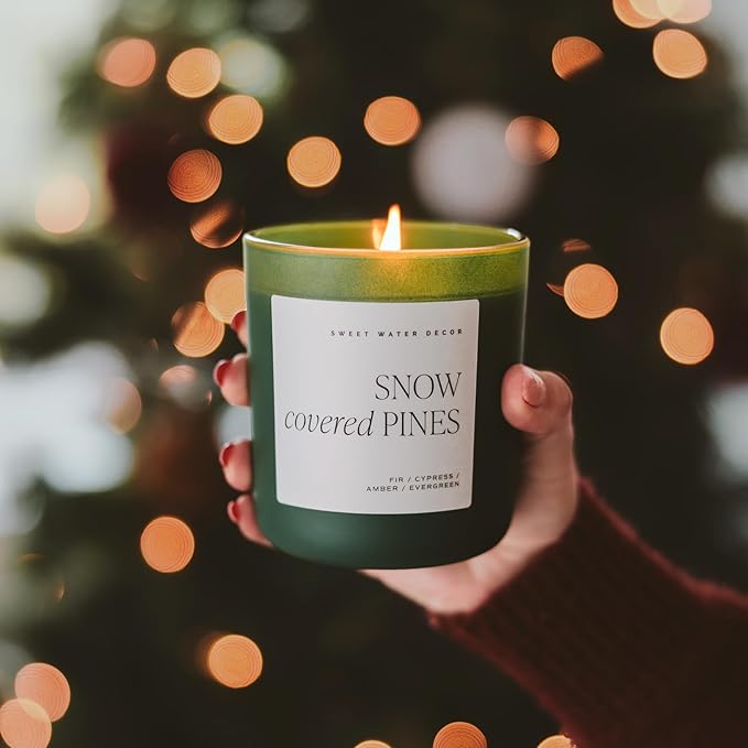 Sweet Water Decor Snow Covered Pines Christmas Scented Candles - Christmas Stocking Stuffers Soy Candles Cypress Scent - Christmas Candles with 70 Hours Burn Time - 15Oz Green Matte Jar Wax Candles - Bloomnest