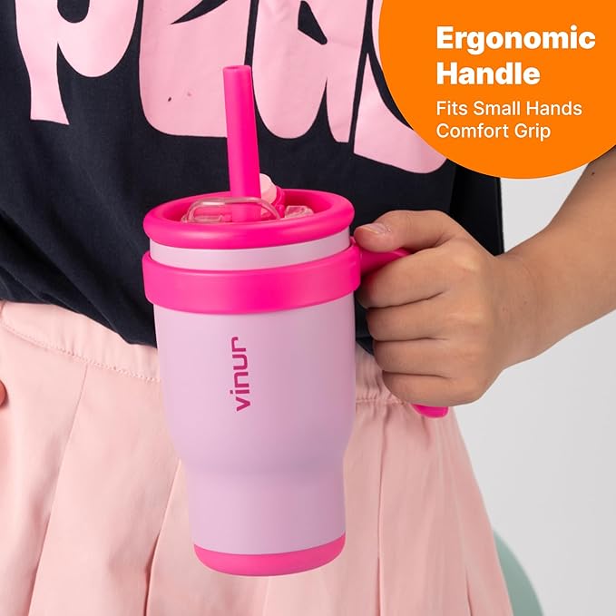 VINUR Kids Insulated Tumbler with Handle-Spill Proof & Leak Resistant-18/8 Stainless Steel Vacuum Water Cup with Straw Lid and Silicone Base-Cup Holder Friendly, 17 oz-Purple Pink - Bloomnest