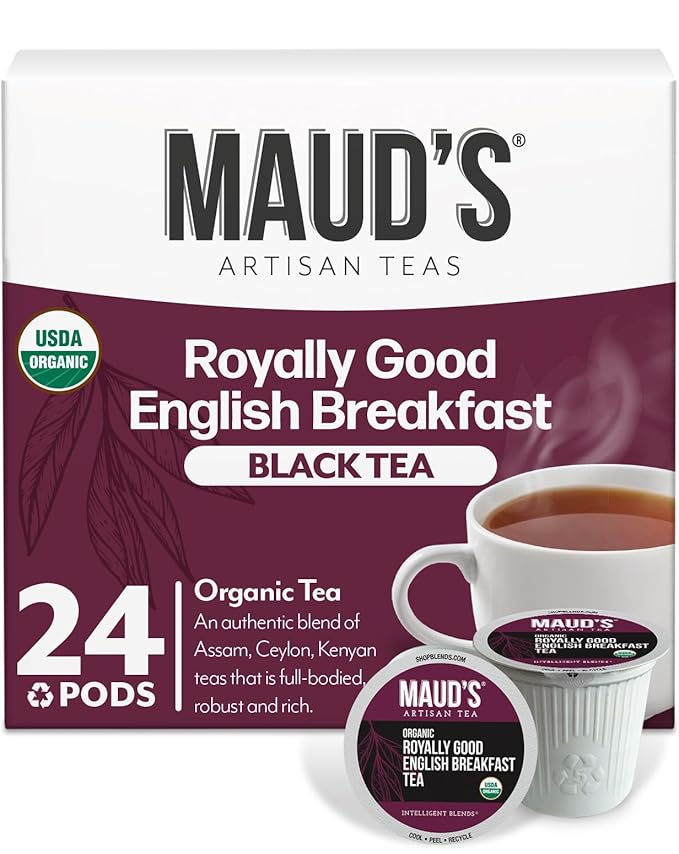 Maud's Organic English Breakfast Black Tea Pods, 24 ct, Recyclable Single Serve Pods – 100% Gourmet Blended Tea Leaves, Compatible with Keurig K Cups Maker - Bloomnest