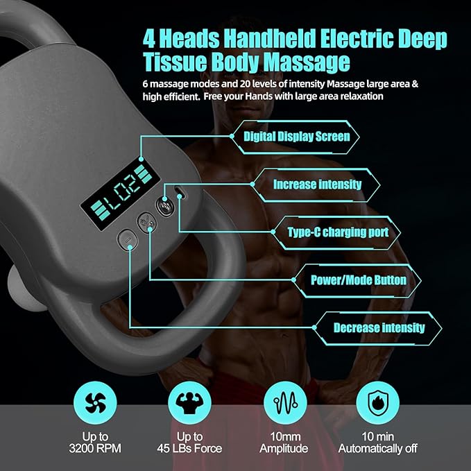 DEITY Massage Gun Deep Tissue, 4 Heads Handheld Electric Body Massager, Percussion Massager for Pain Relief, Perfect Gifts for Man Women, Grey - Bloomnest