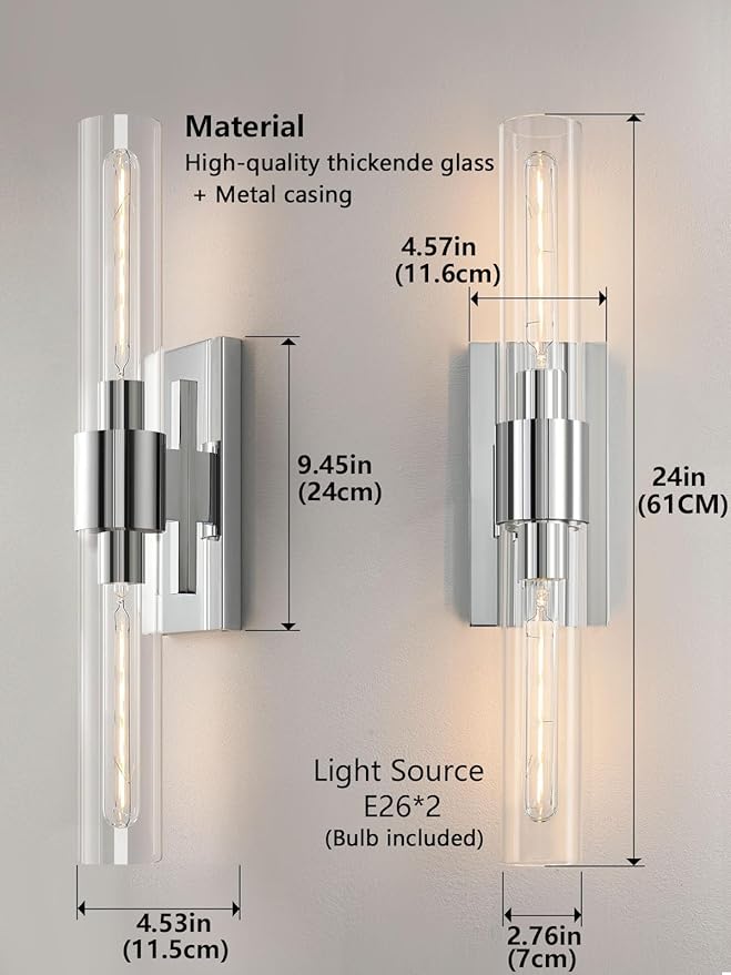 Chrome Tube Wall Sconces with Clear Glass, 24'' Modern Bathroom Vanity Light Fixtures for Bathroom Living Room Bedroom Hallway Fireplace Staircase(Bulb Included). - Bloomnest