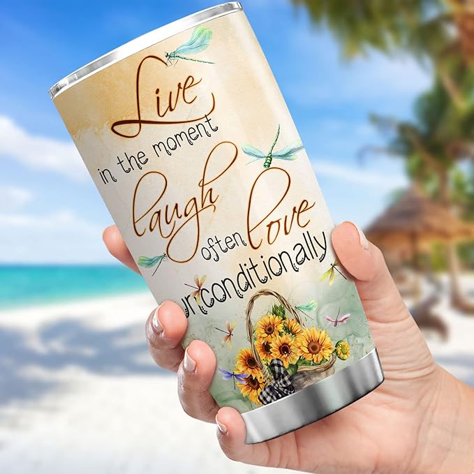 Live Laugh Love Dragonfly Insulated Tumbler 20 Oz Sunflowers Dragonflies Vintage Animal Print Coffee Cup With Lid Cute Dragonfly Things Motivational Birthday Gifts For Women - Bloomnest