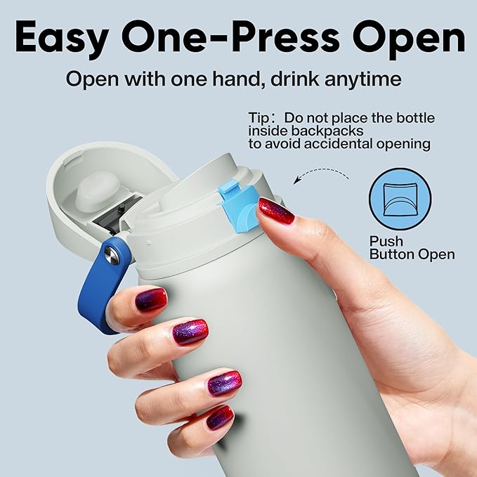 Insulated Water Bottle with Straw - Encool Stainless Steel Water Bottle with Push Button Lid, Leak-Proof & BPA-Free, Keeps Cold for 24 Hours for Sports, Travel, Gym (32 oz, Quill Grey-Blue) ENCOOL