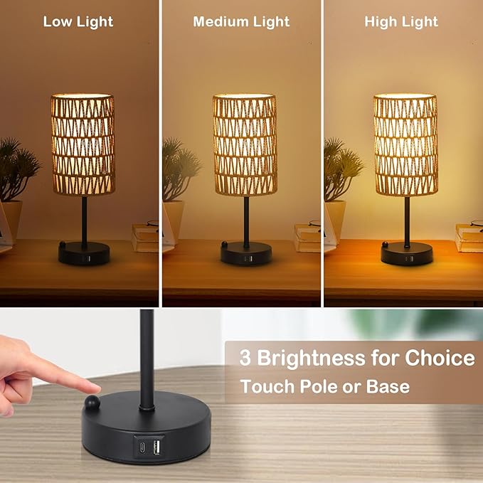 Touch Table Lamp For Bedroom with Bulb, Boho Small Desk Lamp For Living Room With Rattan & Linen Shade, 3 Way Dimmable Bedside Table Lamp For Nightstand With USB Charging Port & Phone Stand For Office - Bloomnest