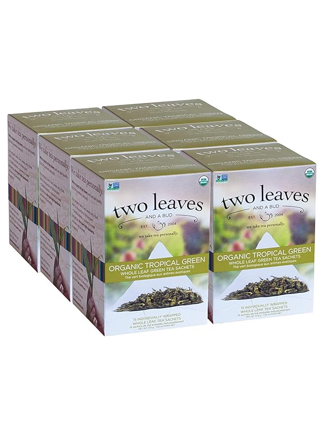 Two Leaves and a Bud Organic Tropical Green Tea Bags, Whole Leaf Green Tea in Sachets, 15 Count (Pack of 6) - Bloomnest