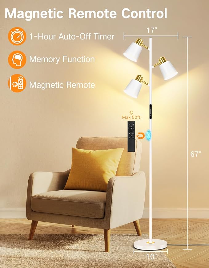 OUTON LED Tree Floor Lamp, Modern Dimmable Standing Lamp with Remote & Touch Control, 4 Color Temperatures, 3 Rotatable Lights Floor Lamps for Living Room, Bedroom, Office, White & Gold - Bloomnest